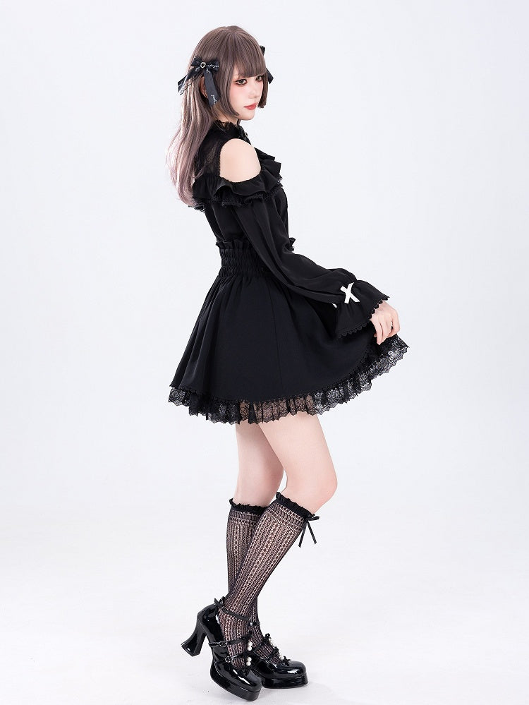 Jirai Kei High Waist Black Skirt Shirring Back Lace-up Front