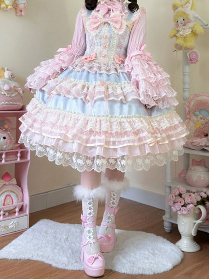 Blue Bead Chain Bows Decorated Hanayome Lolita Princess Dress