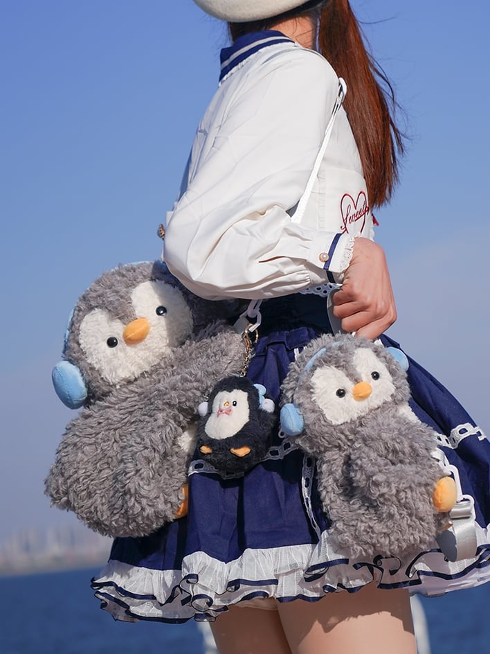 Light Gray Cute Penguin Plush Backpack/Crossbody Bag Middle/Large Size