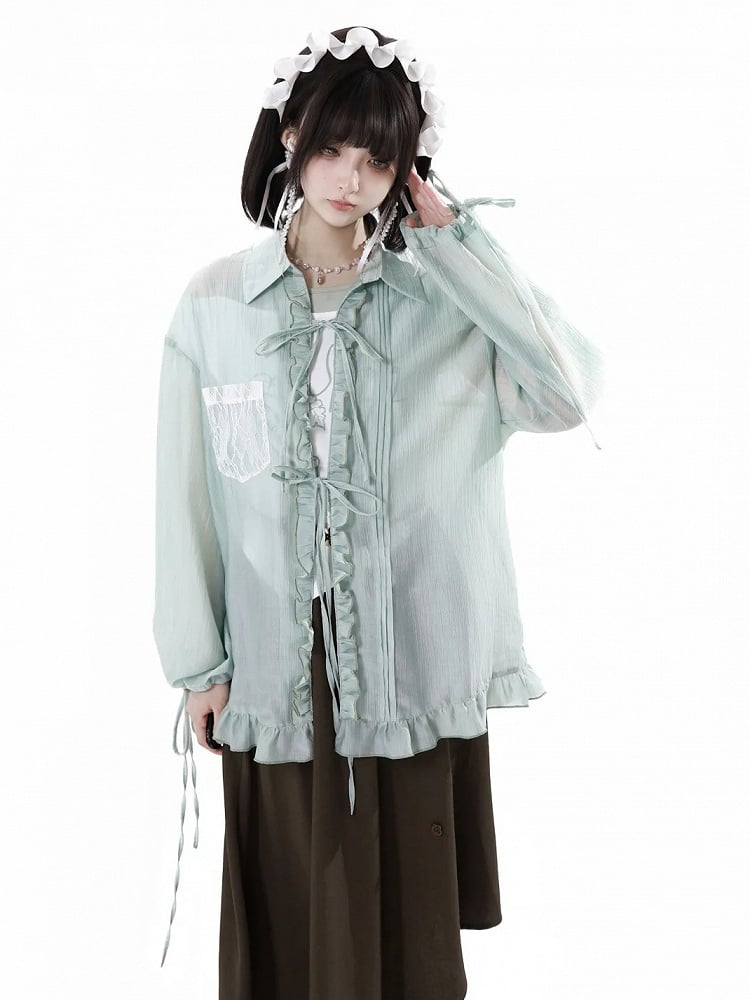 Mint Green Self-tie Bowknots Placket Drawstring Cuffs Ruffled Trim Shirt
