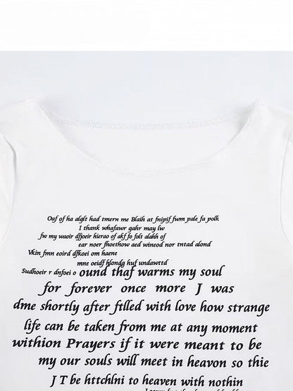 White Bittersweet Letter Print Asymmetrical Hem Bell Sleeves Top