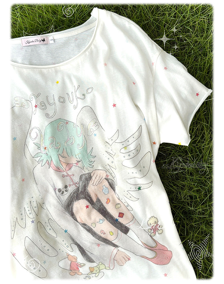 Cartoon Angel Print Apricot Round Neck T-shirt