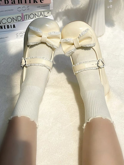 Sweet Beige Lolita Low Heels - Round Toe Design with Ruffled Detailing, Heart Fastener & Delicate Bow