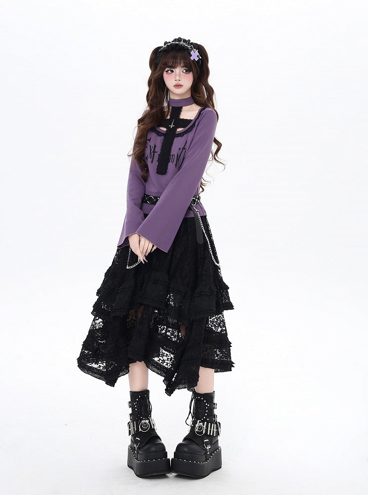 Black/Purple Bell Sleeves Cross Design Gothic Top and Choker All-in-one