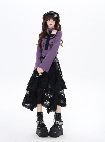 Black/Purple Bell Sleeves Cross Design Gothic Top and Choker All-in-one