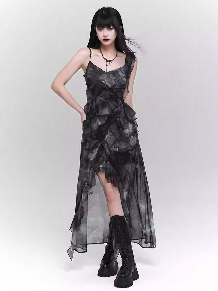 Purple/Dark Gray Butterfly Tie Dye Asymmetrical Flounce Hem Slip Dress