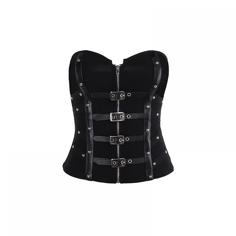 Black Criss-Cross PU Straps Front Zipper and Buckles Placket Studded Strapless Top
