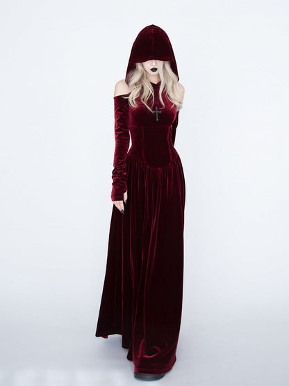 Medieval Witch Red Velvet Cutout Shoulder Gothic Vampire Hooded Dress
