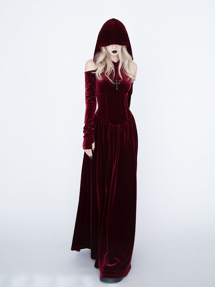 Medieval Witch Red Velvet Cutout Shoulder Gothic Vampire Hooded Dress