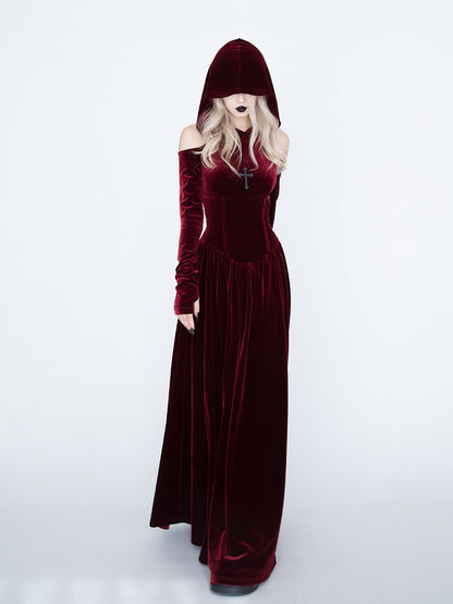 Medieval Witch Red Velvet Cutout Shoulder Gothic Vampire Hooded Dress