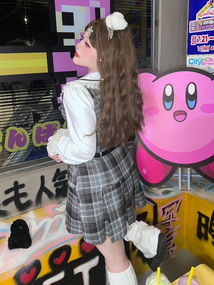 Plus Size - White Long Sleeves Shirt / Gray Plaid Dress Box Pleat Skirt