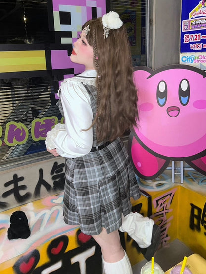 Plus Size - White Long Sleeves Shirt / Gray Plaid Dress Box Pleat Skirt