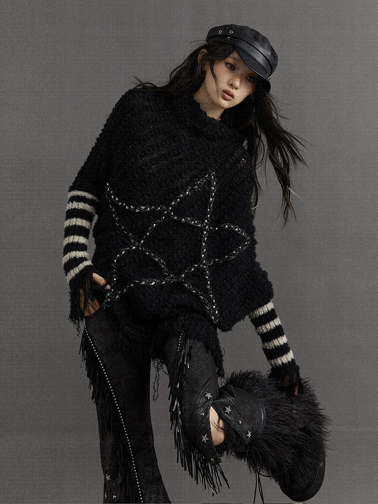 Black Vintage Punk Batwing Sleeves Loose Five-pointed Star Sweater