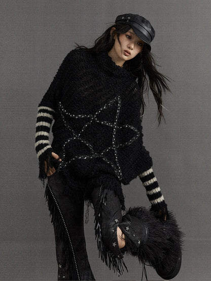 Black Vintage Punk Batwing Sleeves Loose Five-pointed Star Sweater