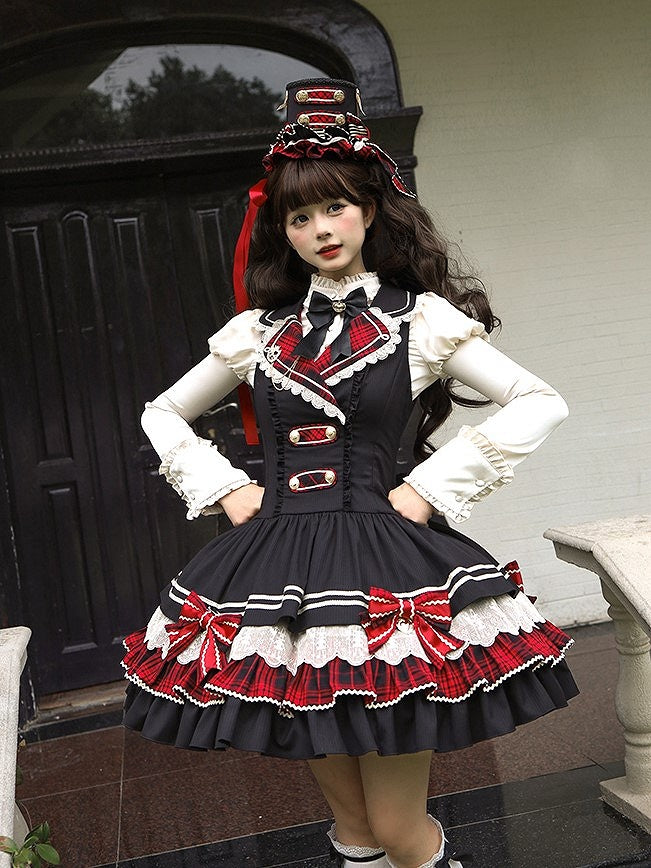 Preppy Style Black & Red Plaid Notched Collar Lolita Dress with Lace Trim and Bow Accents