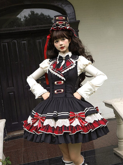 Preppy Style Black & Red Plaid Notched Collar Lolita Dress with Lace Trim and Bow Accents