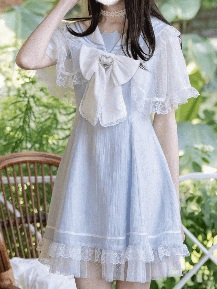 Light Blue Jirai Kei Sailor Collar Lace Cape Design Dress with Bowtie