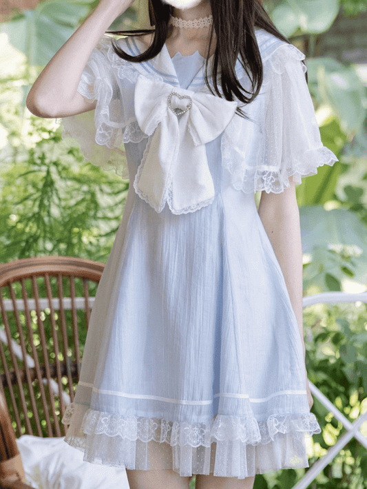 Light Blue Jirai Kei Sailor Collar Lace Cape Design Dress with Bowtie