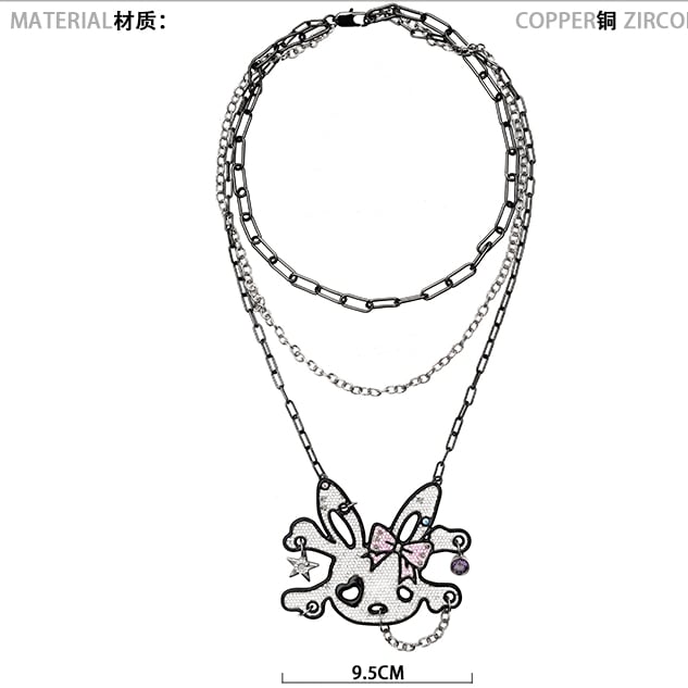 Allover Rhinestone Embellished Skeleton Bunny Charm Layered Necklace