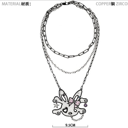 Allover Rhinestone Embellished Skeleton Bunny Charm Layered Necklace