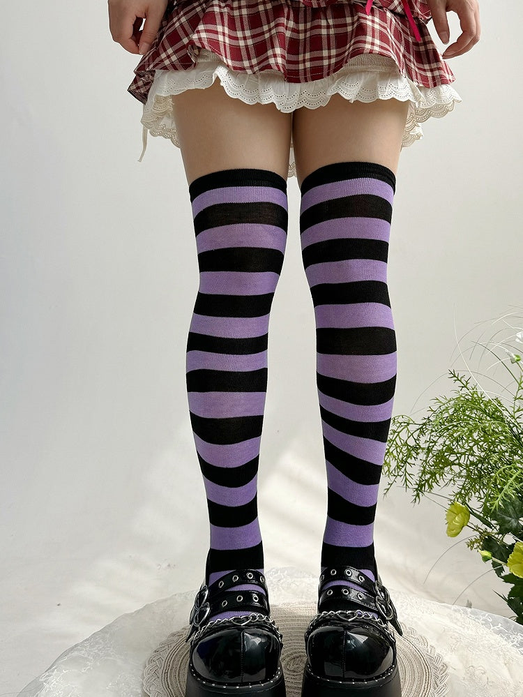 Black&Purple/Black&Gray Striped Pattern Lolita Over Knee Stockings