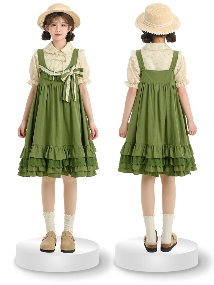 Green Ruffle Hem Sweet Overall Dress with Detachable Bowknot