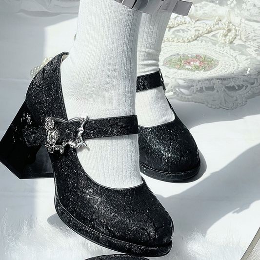 Black Butterfly Buckle 7cm Floral High Block Heel Hime Lolita Mary Janes
