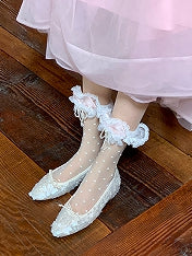 Yellow/Pink/Blue/Black Beaded Bowknot Lace Trim Polka-dot Pattern Ankle Socks