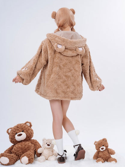 Brown Fluffy Teddy Bear Jacket with Ears Hood for Girls/Women