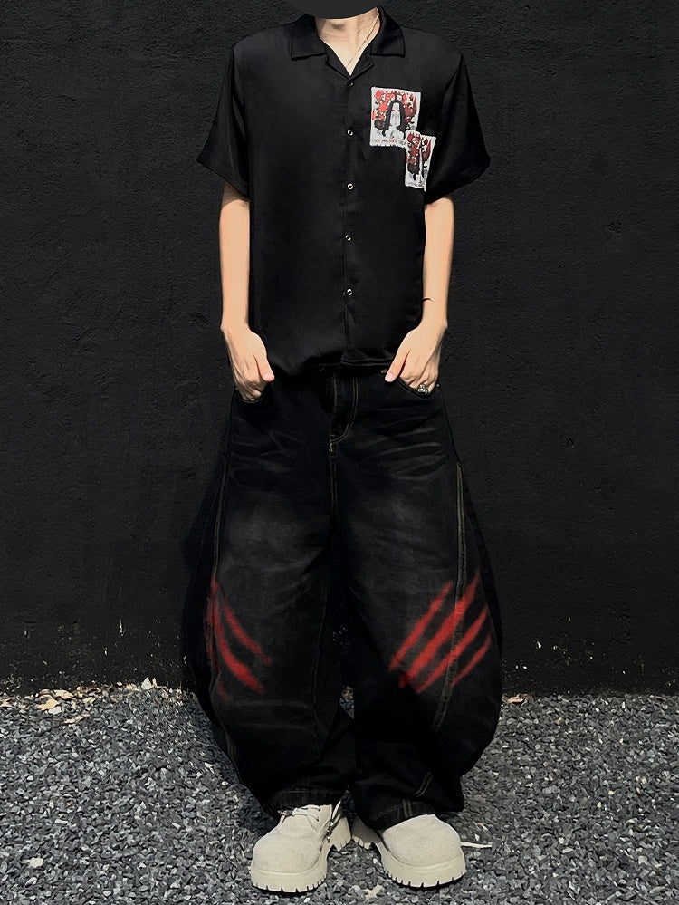 Punk Appliques Black Notched Collar Satin Short Sleeve Shirt