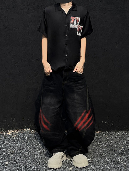 Punk Appliques Black Notched Collar Satin Short Sleeve Shirt