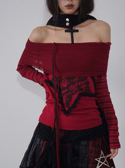 Star Design Letters Print Wine Red Off-the-shoulder Neckline Top