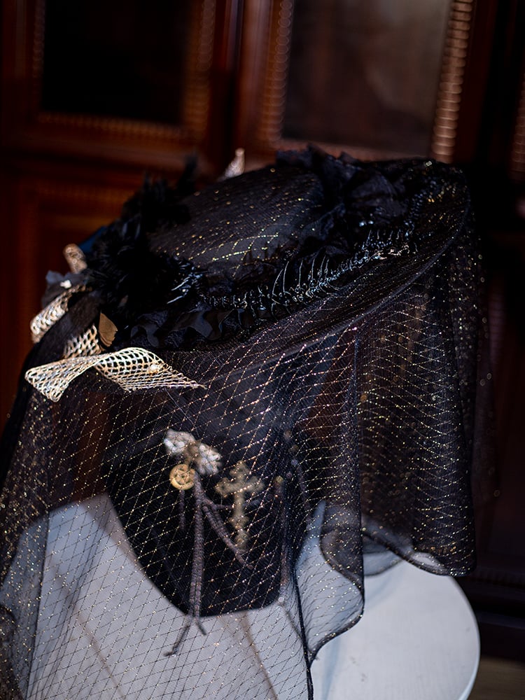 Black Floral Bowknot Feather Decorated Halloween Gothic Hat with Veil