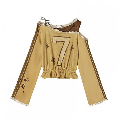 Yellow Asymmetrical Neckline Number Print Blokette Core Punk Top