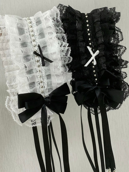 Black/White Studs Decorated Bowknot Details Ruffled Hairband