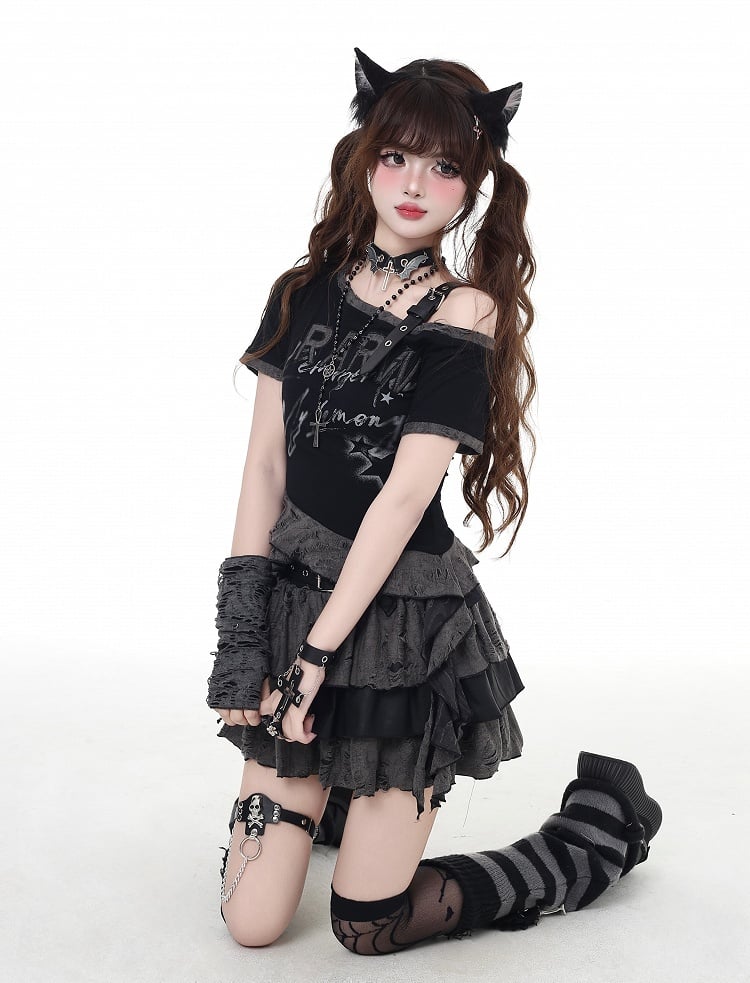 Gray Distressed Holes Lined Tiered Skirt