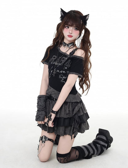 Gray Distressed Holes Lined Tiered Skirt