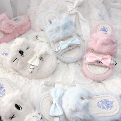 White Jirai Kei Platform Slippers: Plush Kitten Embroidery with Bow & Heart Charm