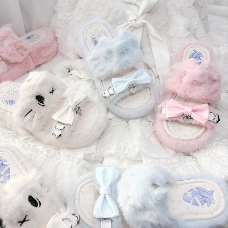 White Jirai Kei Platform Slippers: Plush Kitten Embroidery with Bow & Heart Charm
