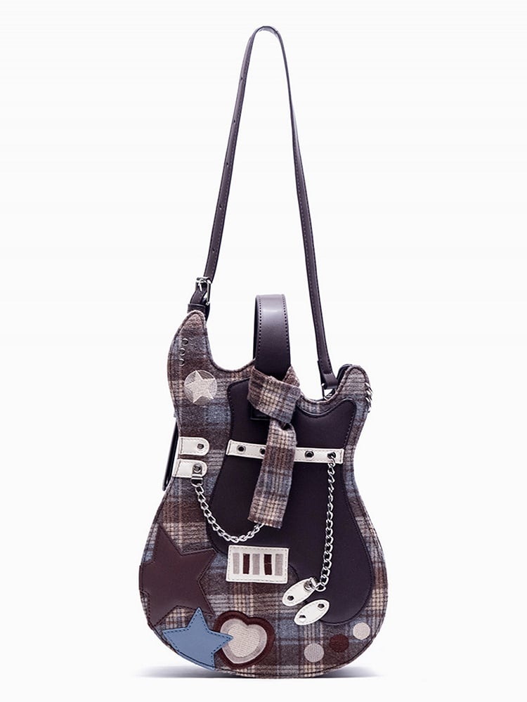Brown Plaid Star Design Sweetheart Embroidered Guitar-shaped Bag