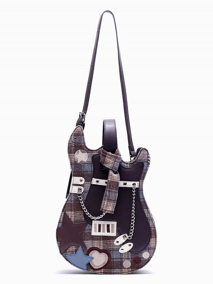Brown Plaid Star Design Sweetheart Embroidered Guitar-shaped Bag