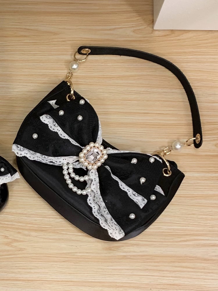 Beads & Rhinestone Decor Bow Accent Satin Black Shoulder Bag in Sweet Lolita