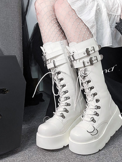 Knee High Punk Matte White Platform Boots