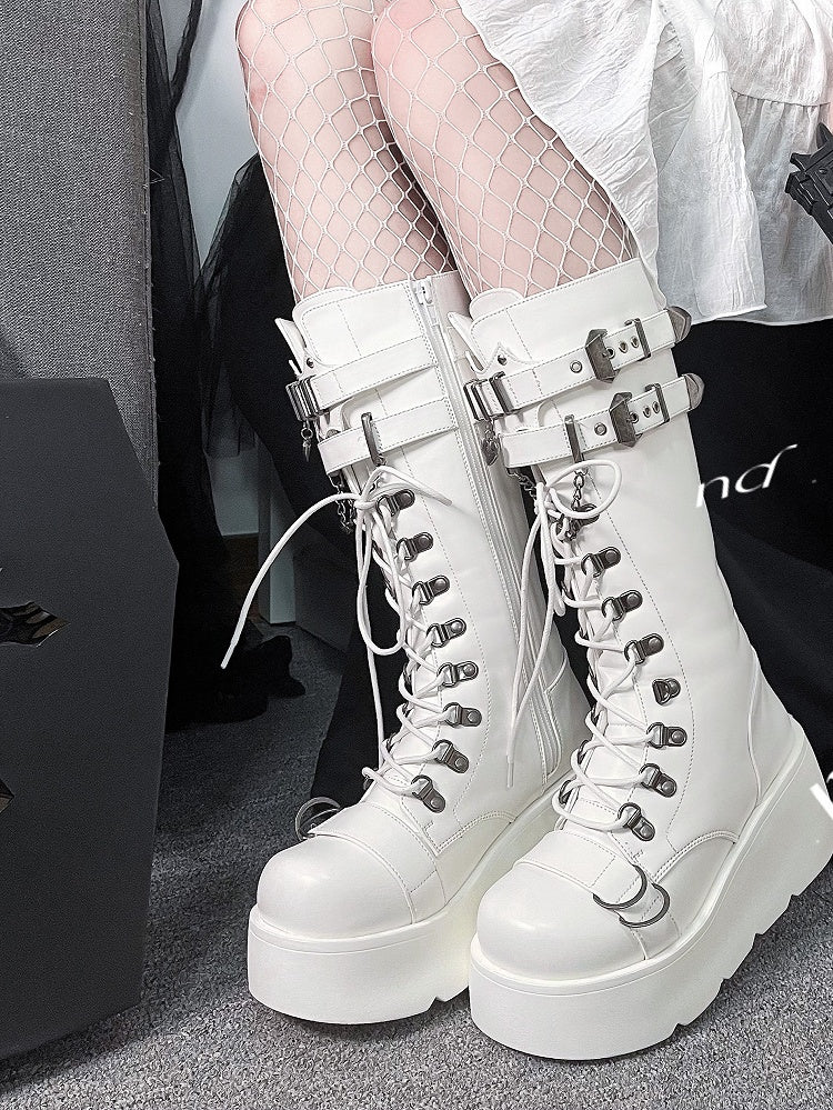 Knee High Punk Matte White Platform Boots
