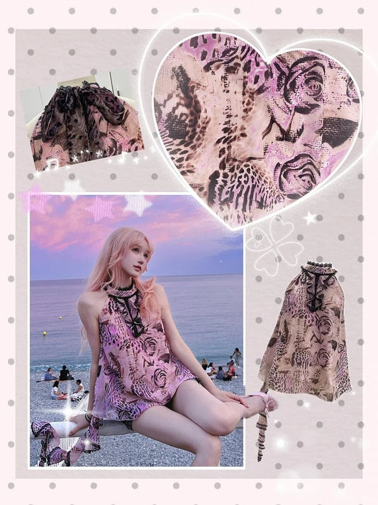 Gyaru Fashion Pink Leopard and Rose Print Cascading Ruffle Self-tie Halter Top