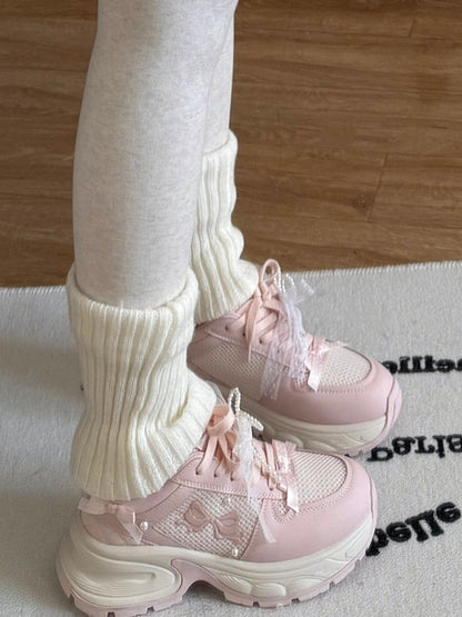 Pink Beaded Decorated Bowknot Details Front Lace-up Ties Sneakers