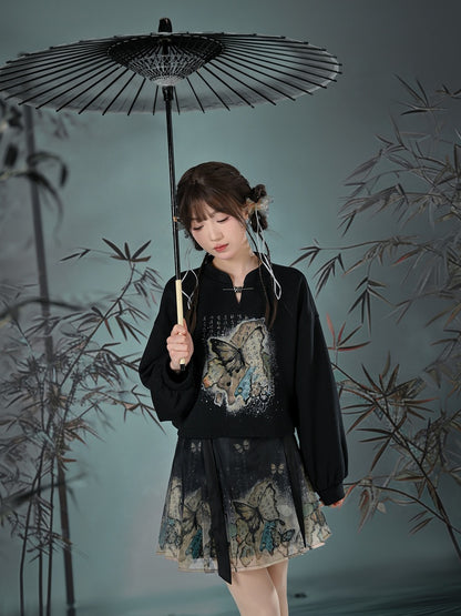 Cheongsam Style Butterfly Print Black Horse-Face Pleated Skirt Long/Short Version