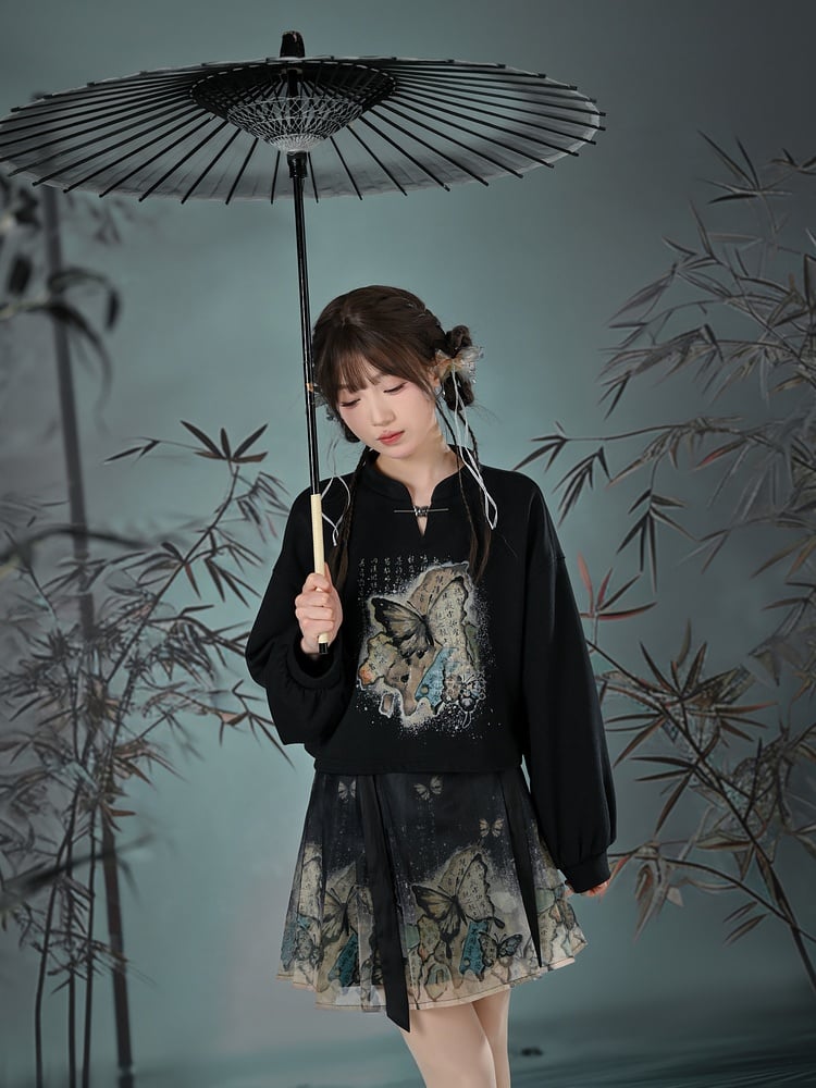 Cheongsam Style Butterfly Print Black/Apricot Banded Collar Sweatshirt