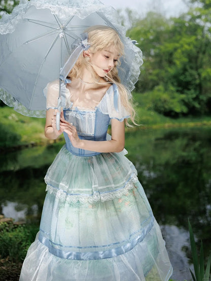 Oil Painting Water Lily Print Sky Blue Square Neckline and Flutter Sleeves One Piece