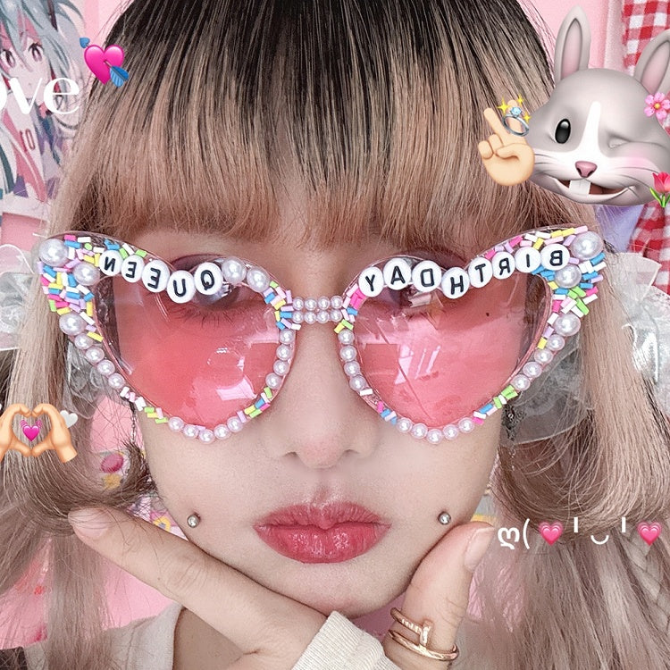 4 Options Letter Design Beaded Decorated Sunglasses
